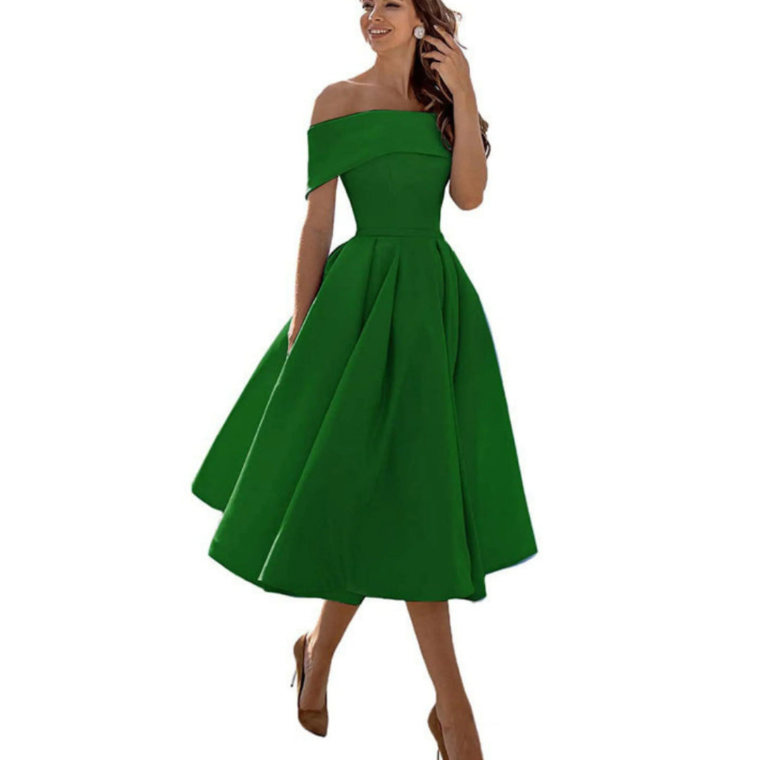 Anissa | Elegant Off Shoulder Evening Midi Dress