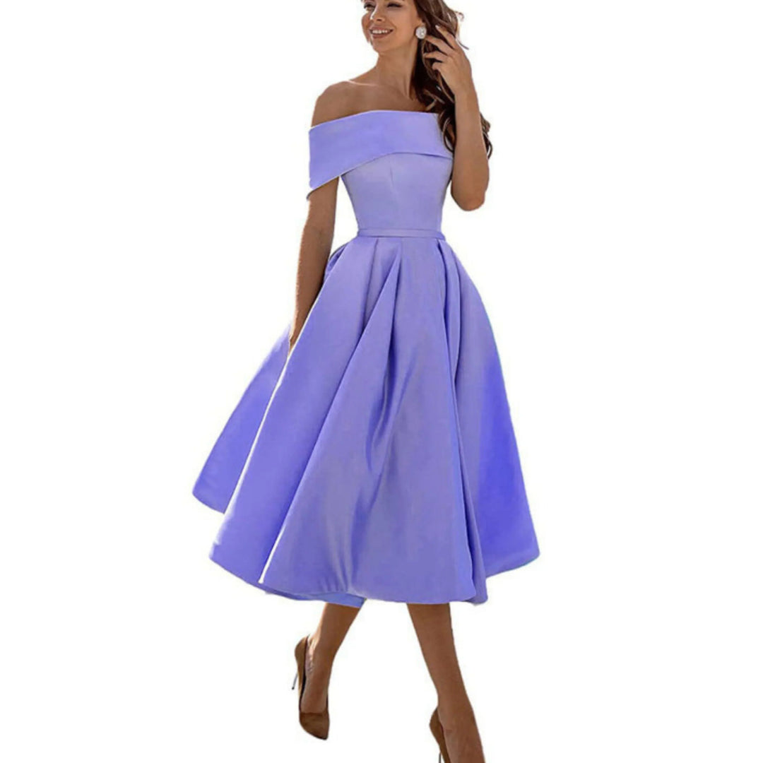 Anissa | Elegant Off Shoulder Evening Midi Dress