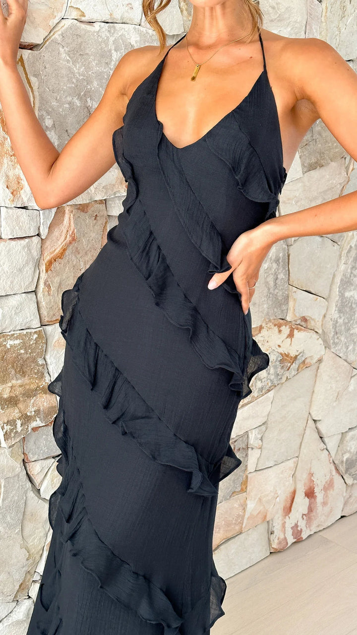 Lucia | Ruffle Trim Halter Maxi Dress