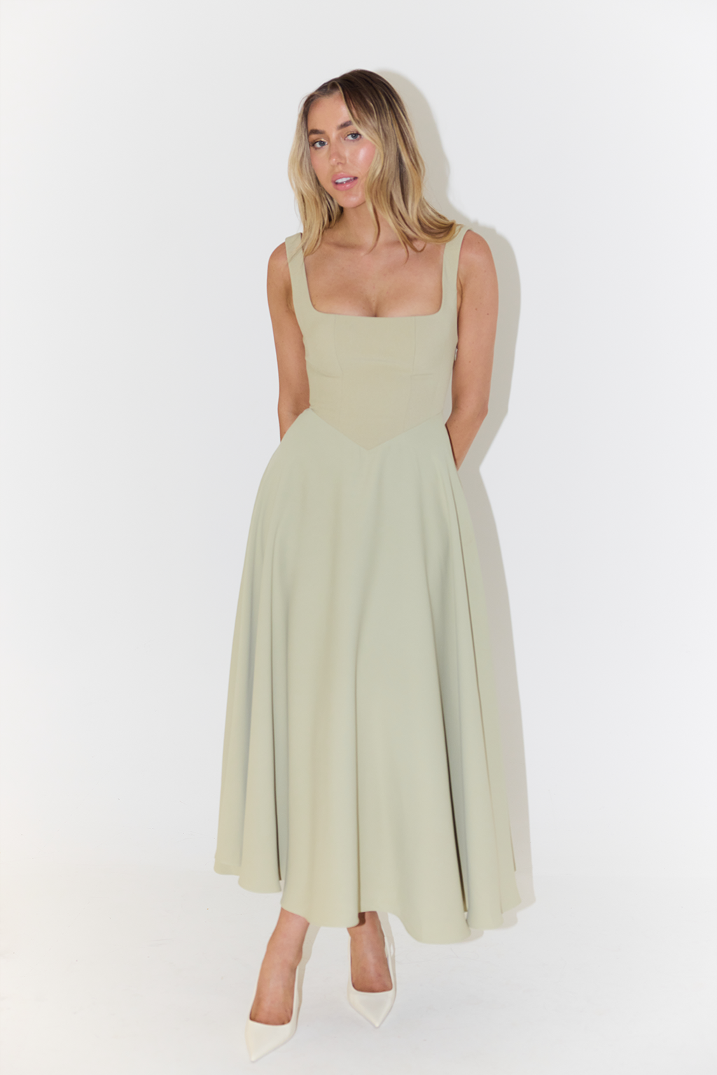 Clara | Wedding Guest Square Neck A Line Midi Dress