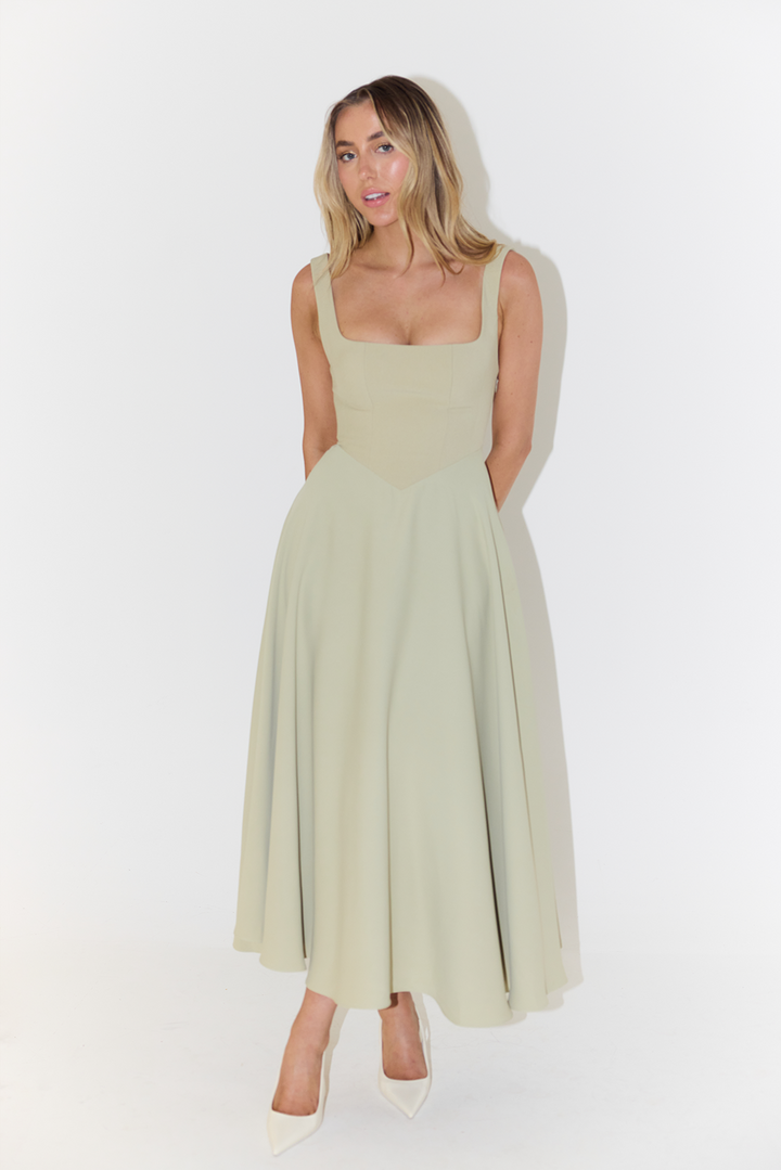 Clara | Wedding Guest Square Neck A Line Midi Dress