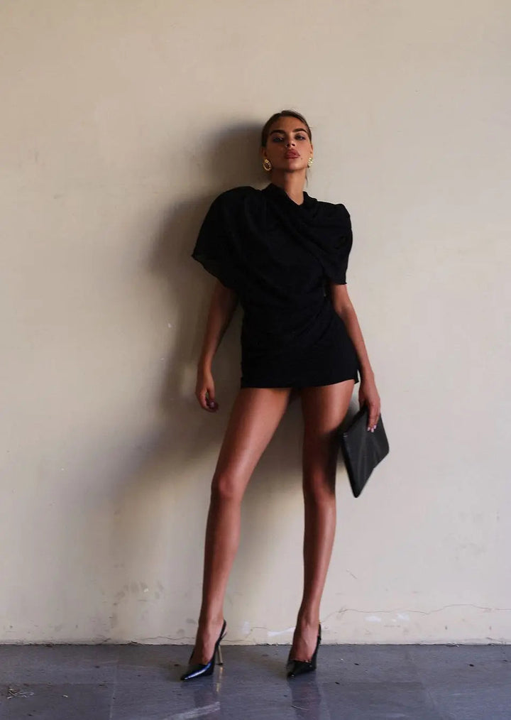 Noemi | Wedding Guest Draped High Neck Mini Dress