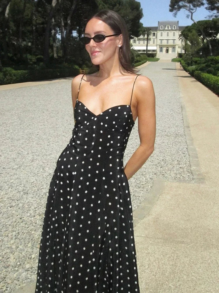 Clara | Wedding Guest Strappy Polka Dot Maxi Dress