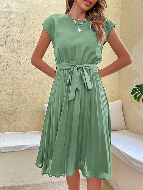 Grace | Wedding Guest Pleated Tie Waist Midi Dress