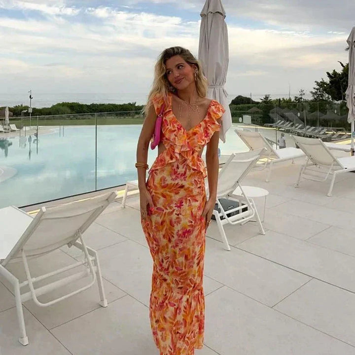 Celeste | Wedding Guest Floral Printed Ruffle Maxi Dress