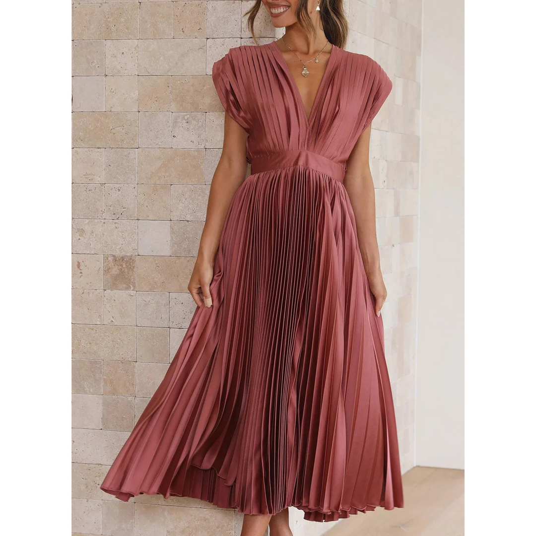 Isabella | Wedding Guest Pleated V Neck Midi Dress