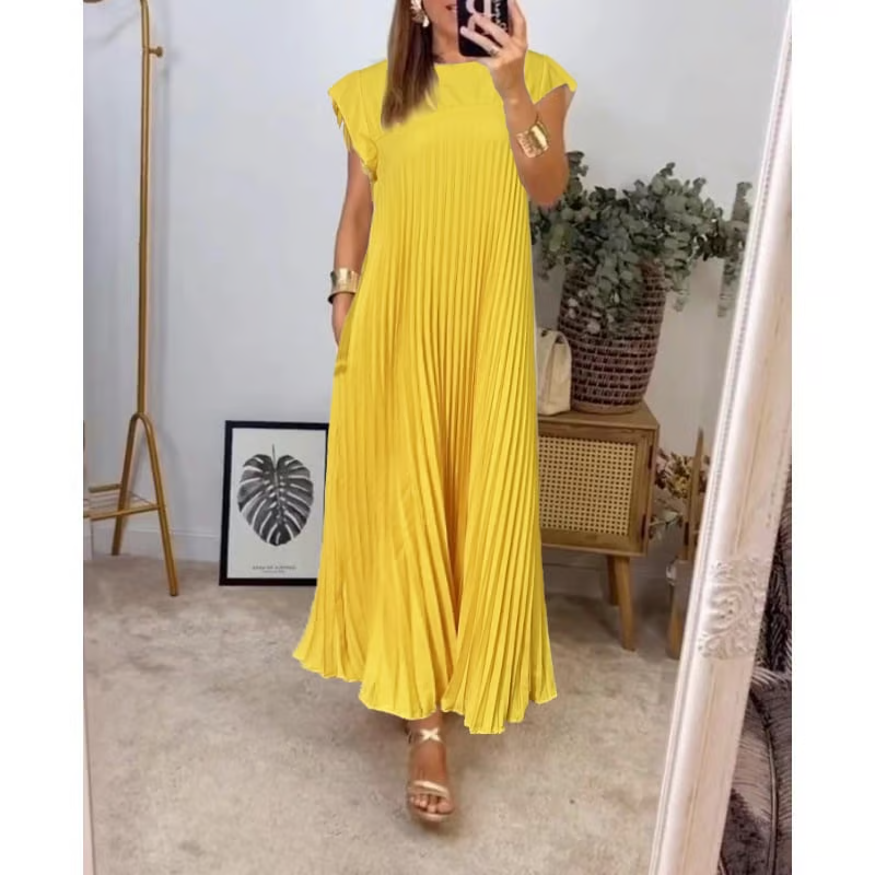 Clara | Wedding Guest Pleated Cap Sleeve Maxi Dress