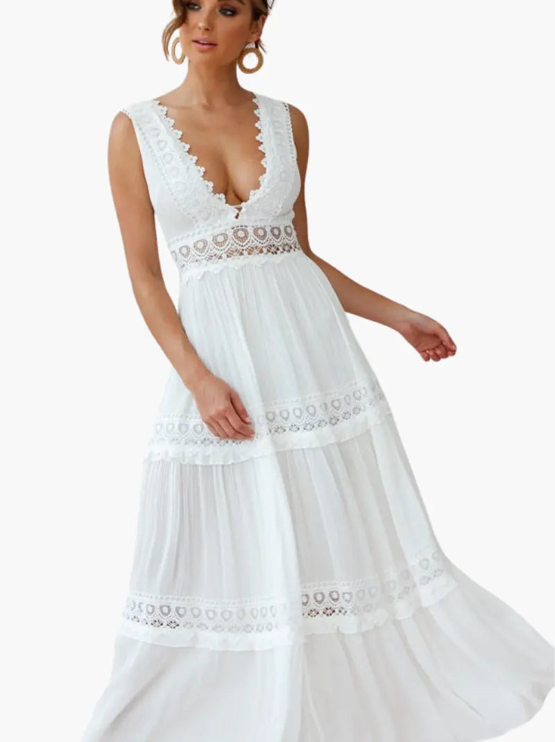 Amelia | Boho V-Neck Crochet Maxi Dress