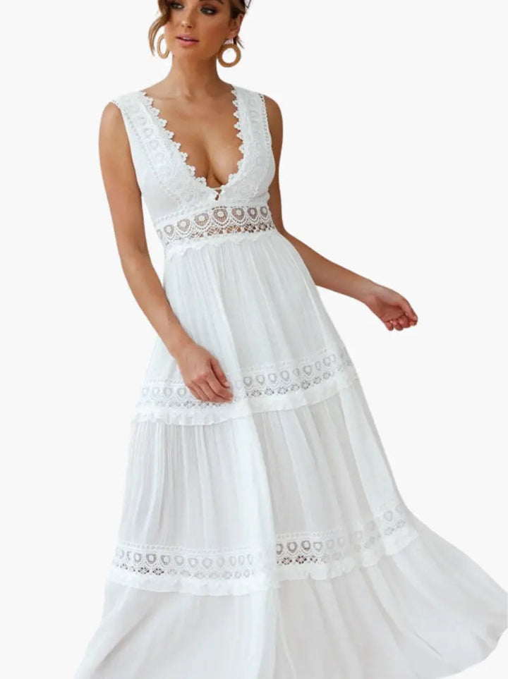 Amelia | Boho V-Neck Crochet Maxi Dress