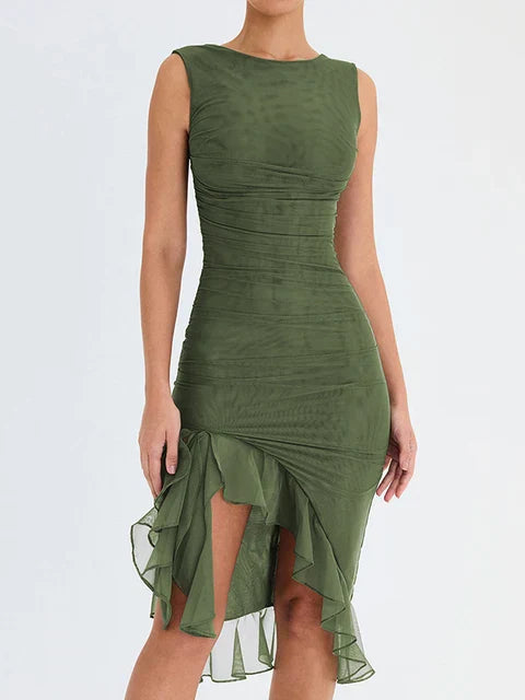 Grace | Wedding Guest Ruched Ruffle Hem Midi Dress