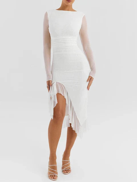 Grace | Wedding Guest Ruched Ruffle Hem Midi Dress