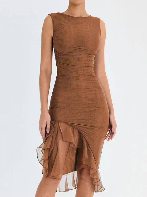 Grace | Wedding Guest Ruched Ruffle Hem Midi Dress