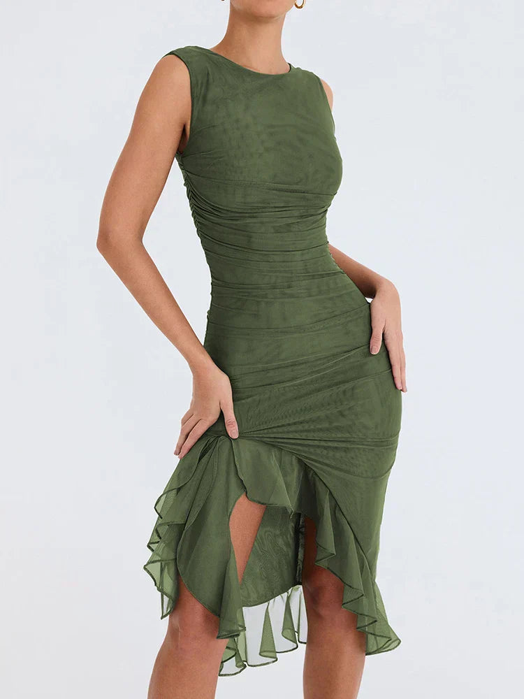 Grace | Wedding Guest Ruched Ruffle Hem Midi Dress