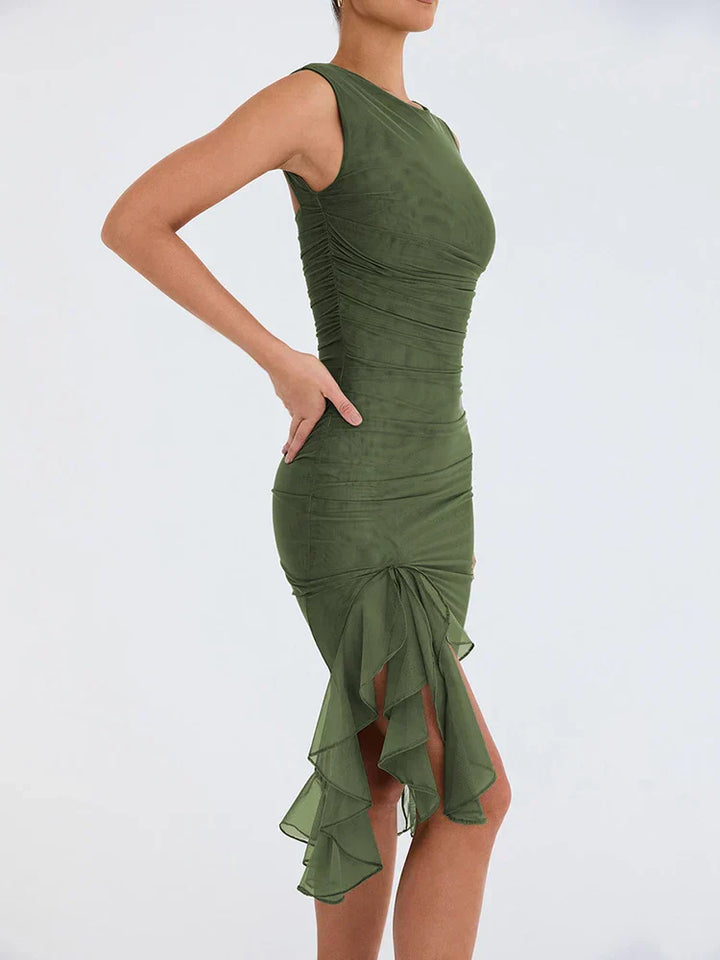 Grace | Wedding Guest Ruched Ruffle Hem Midi Dress