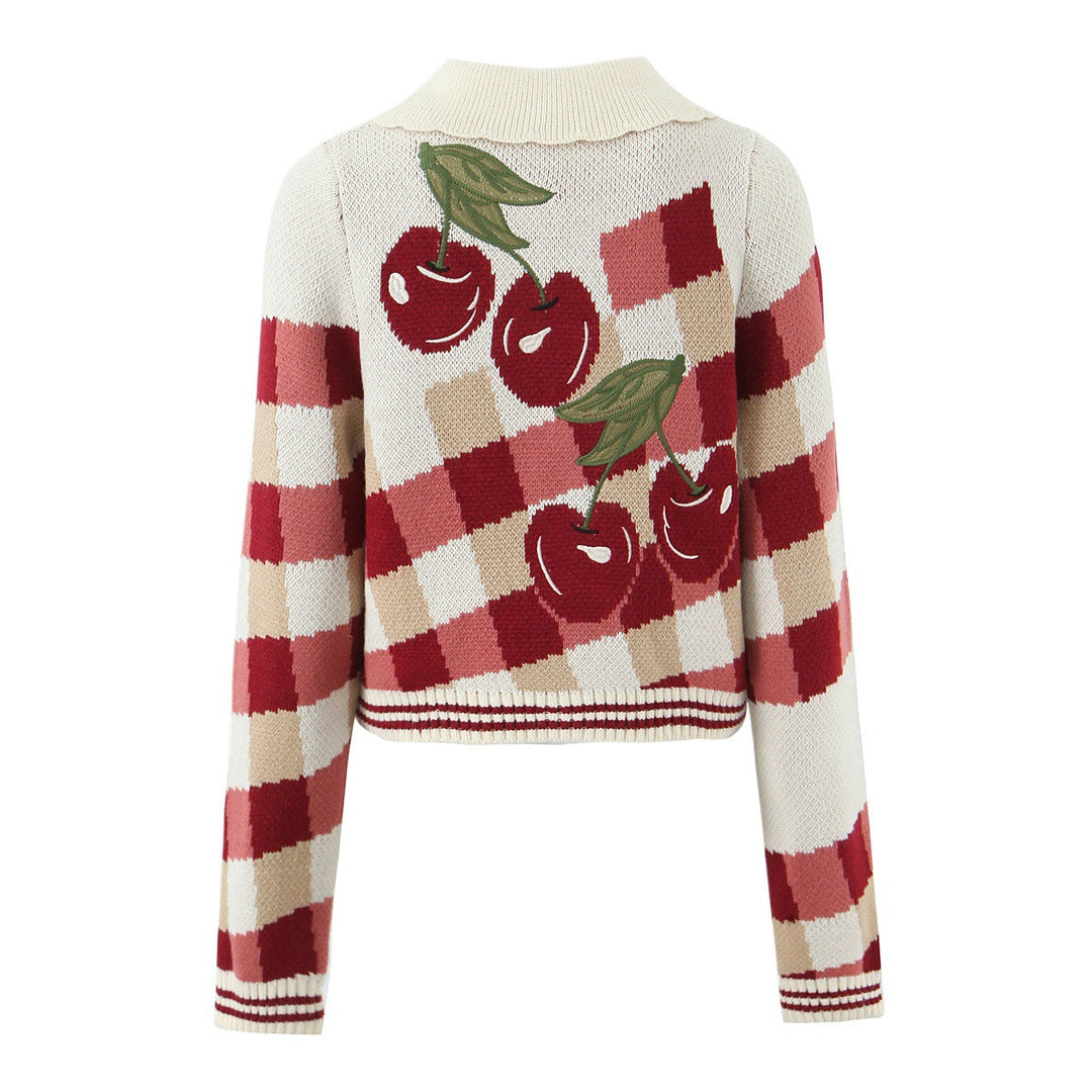 Celeste | Cherry Print Check Knit Cardigan