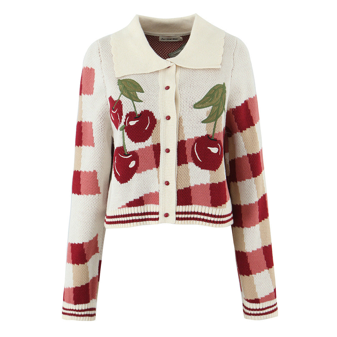 Celeste | Cherry Print Check Knit Cardigan