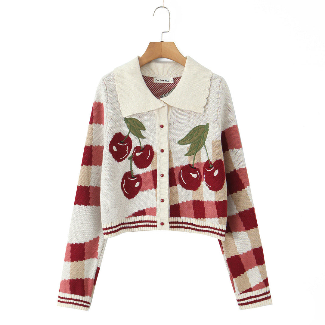 Celeste | Cherry Print Check Knit Cardigan