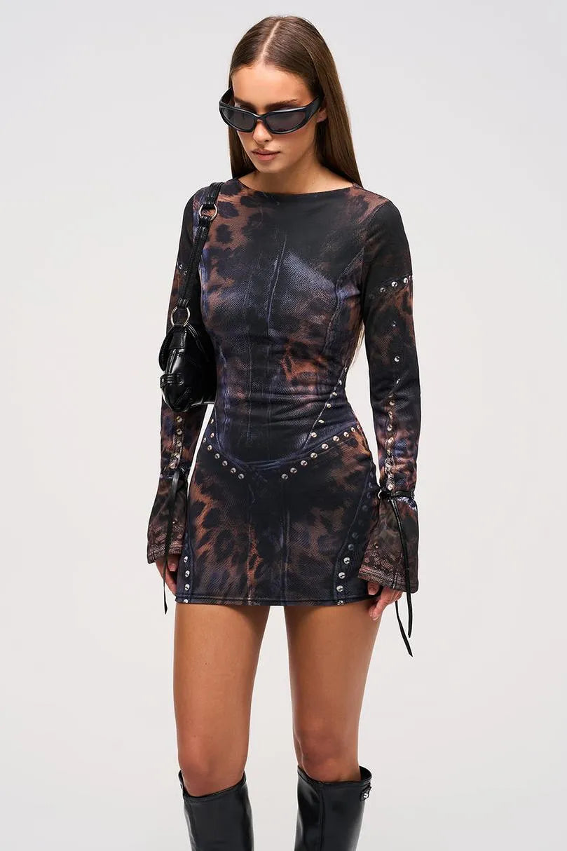 Elina | Leopard Print Studded Bodycon Mini Dress