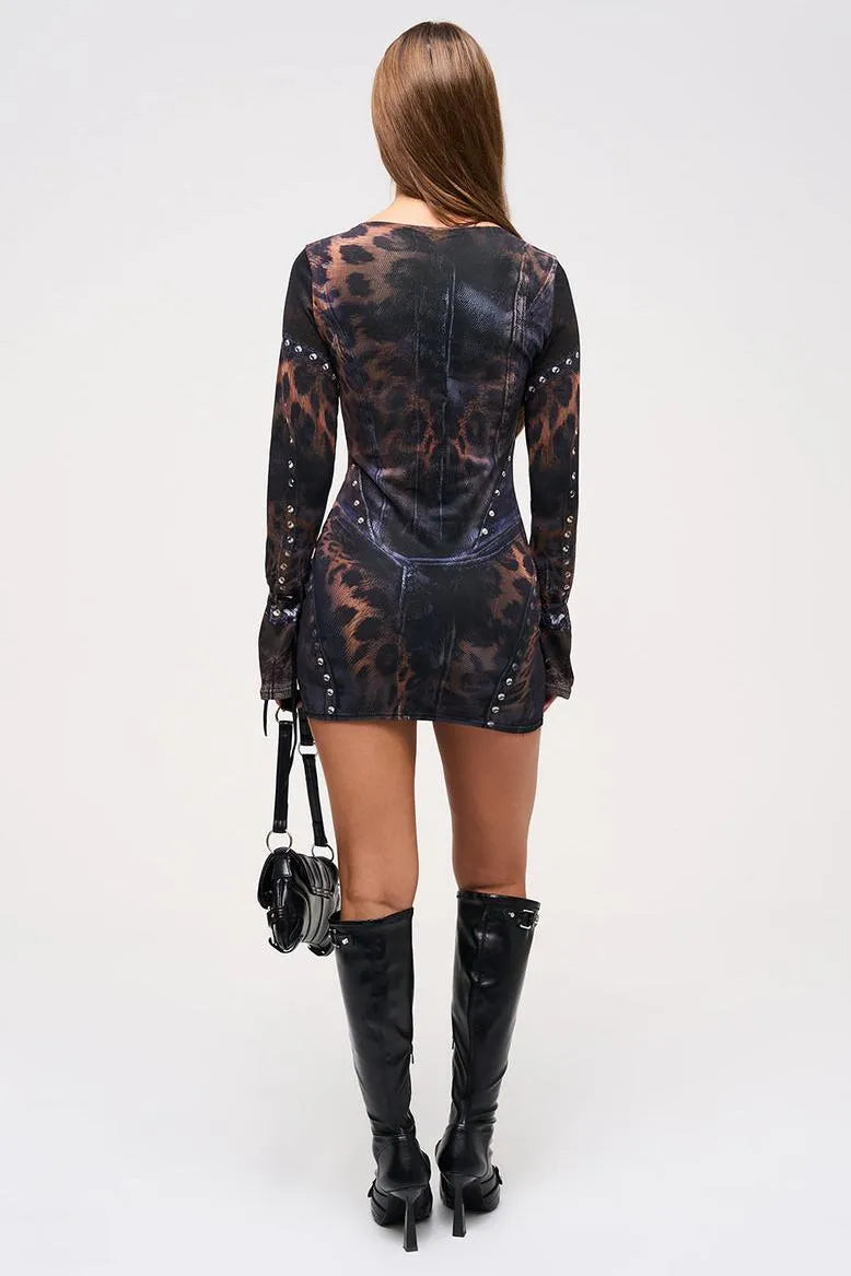 Elina | Leopard Print Studded Bodycon Mini Dress