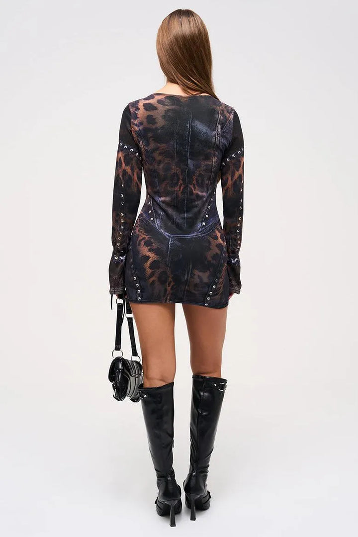 Elina | Leopard Print Studded Bodycon Mini Dress