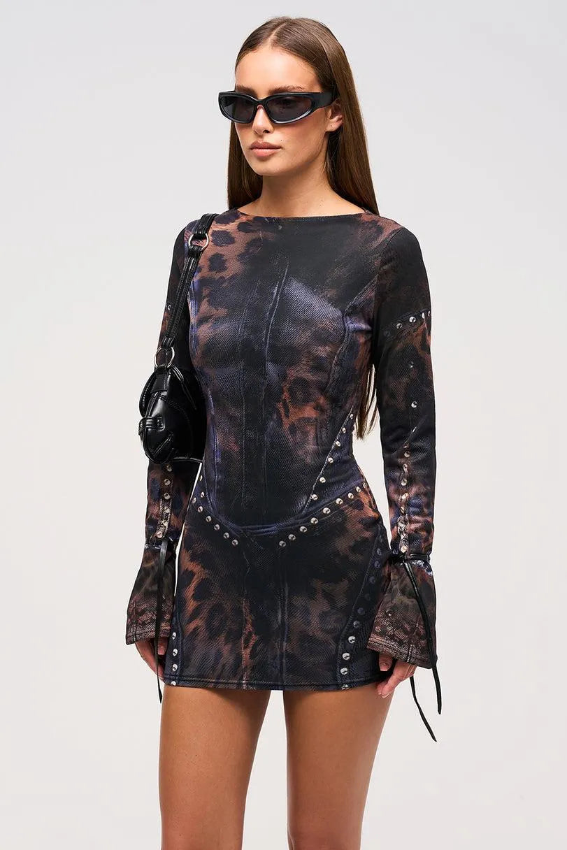 Elina | Leopard Print Studded Bodycon Mini Dress