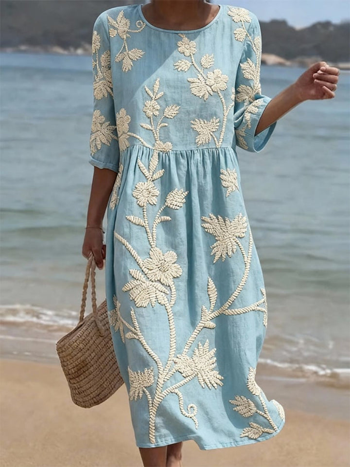 Clara | Embroidered Floral Round Neck Midi Dress