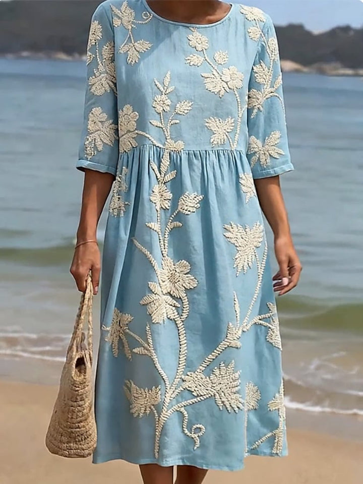 Clara | Embroidered Floral Round Neck Midi Dress