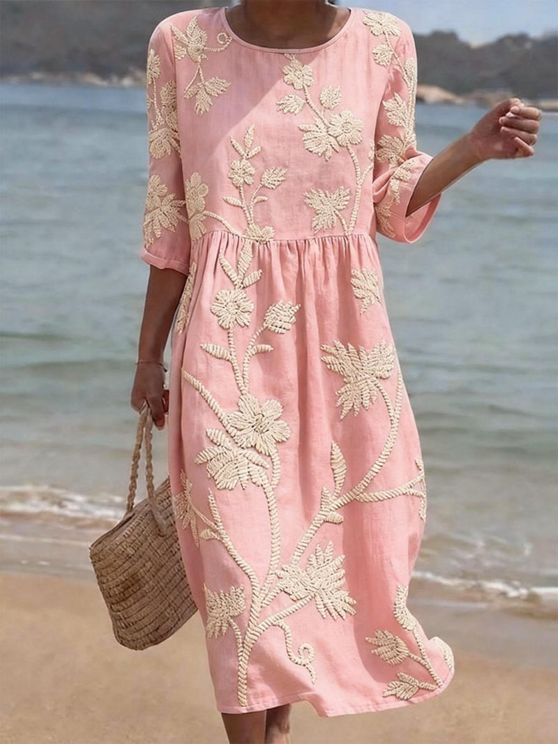 Clara | Embroidered Floral Round Neck Midi Dress
