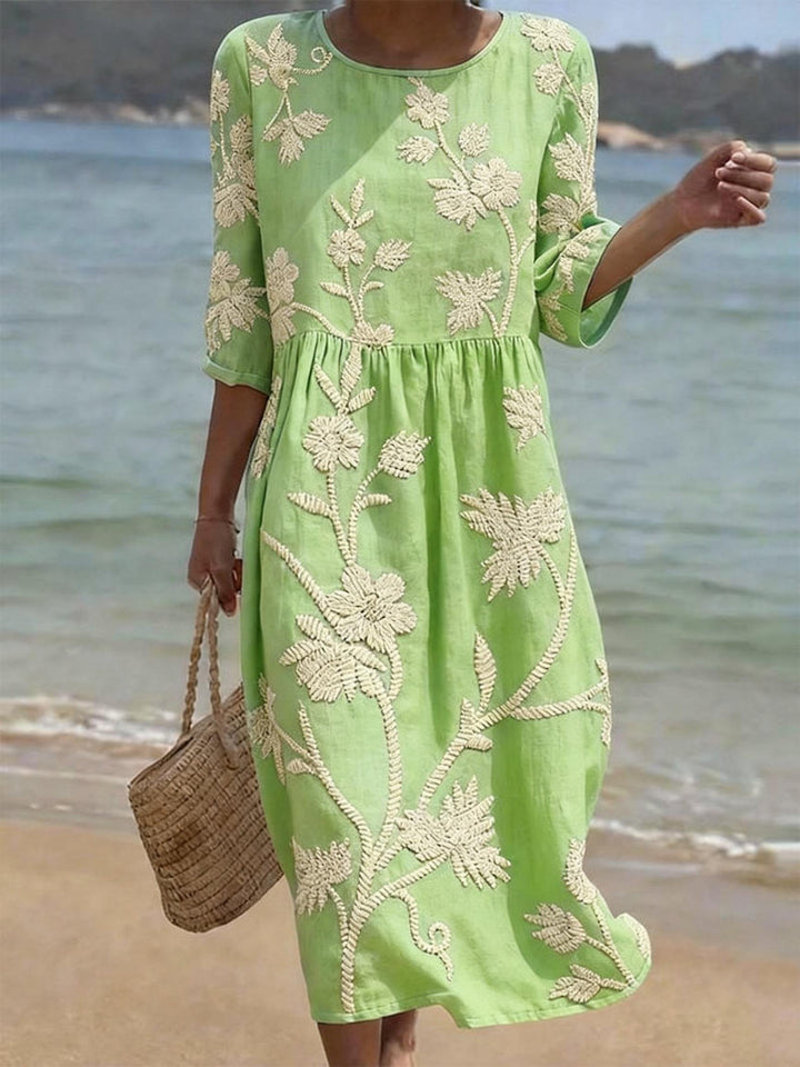 Clara | Embroidered Floral Round Neck Midi Dress