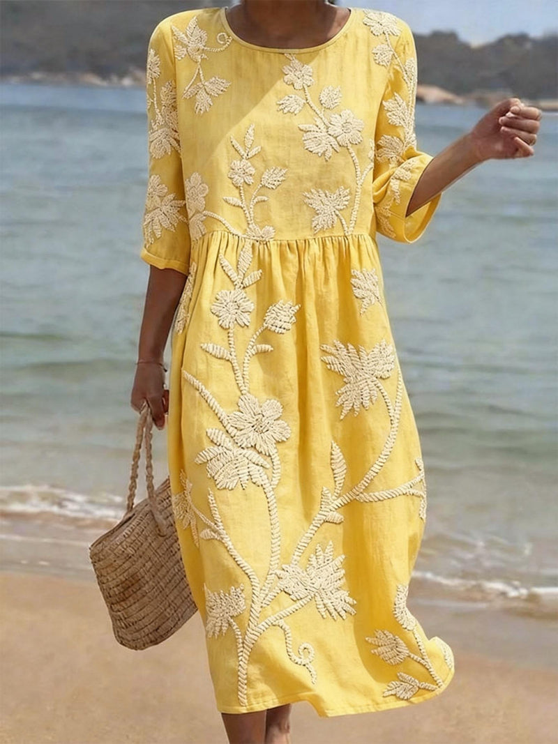 Clara | Embroidered Floral Round Neck Midi Dress