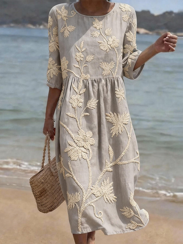 Clara | Embroidered Floral Round Neck Midi Dress