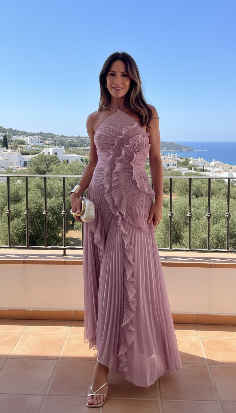 Emily | Wedding Guest Pleated Ruffle Maxi Dress