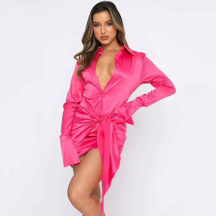 Brenna | Satin Tie Waist Mini Shirt Dress