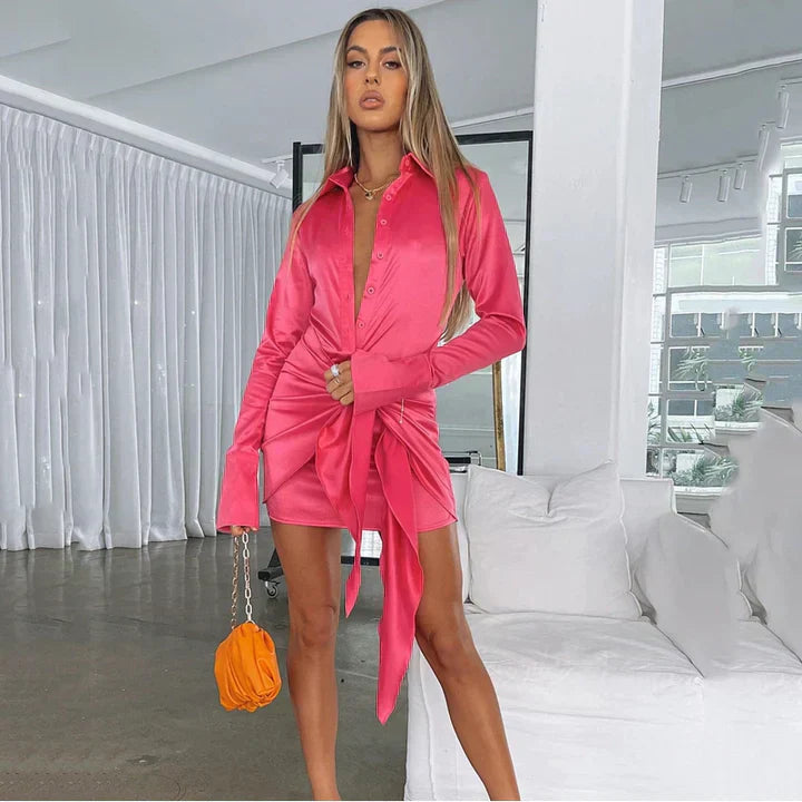 Brenna | Satin Tie Waist Mini Shirt Dress