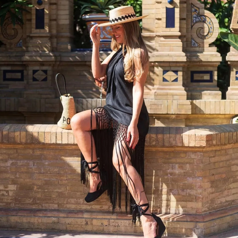 Rosie | Prom Halter Neck Fringe Hem Midi Dress