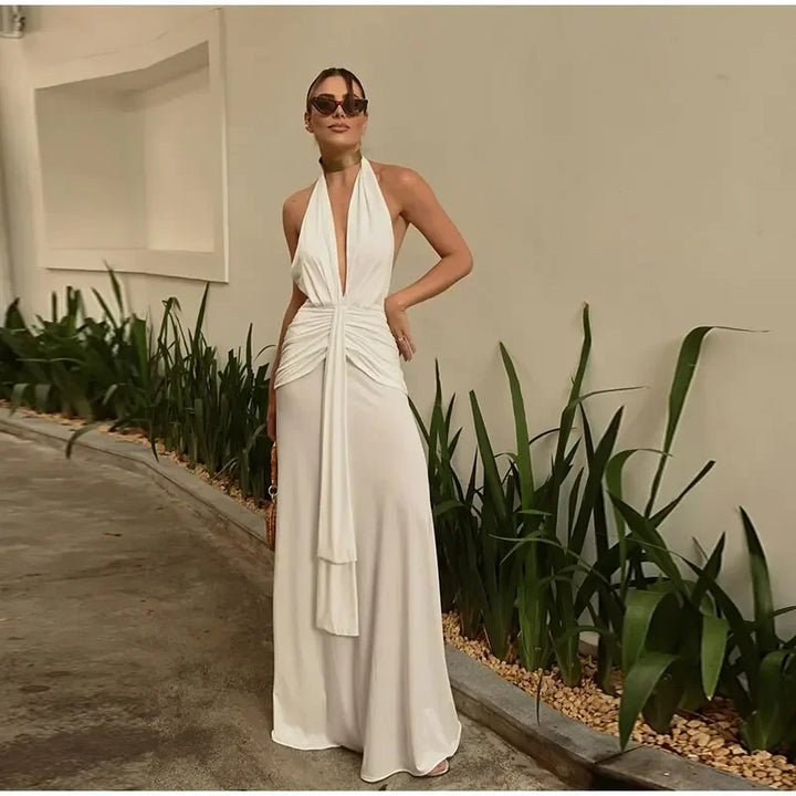 Louise | Wedding Guest Plunge Halter Maxi Dress