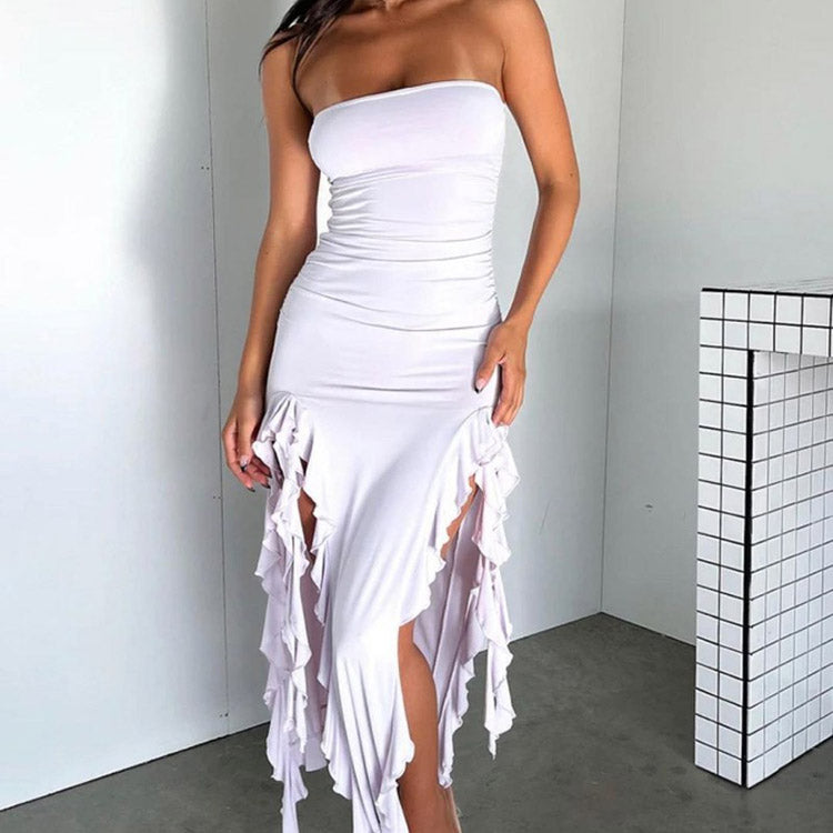 Sophie | Wedding Guest Ruched Strapless Ruffle Maxi Dress