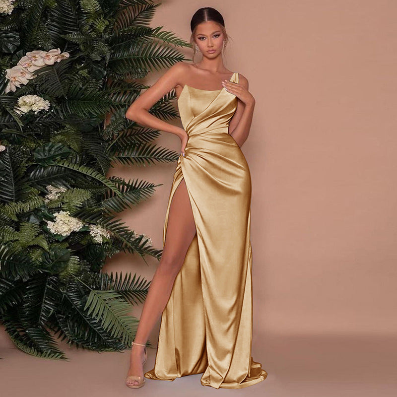 Viviana | Satin Ruched Split Hem Prom Dress