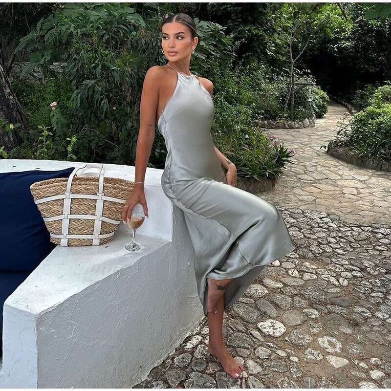 Lucia | Wedding Guest Satin Halter Midi Dress
