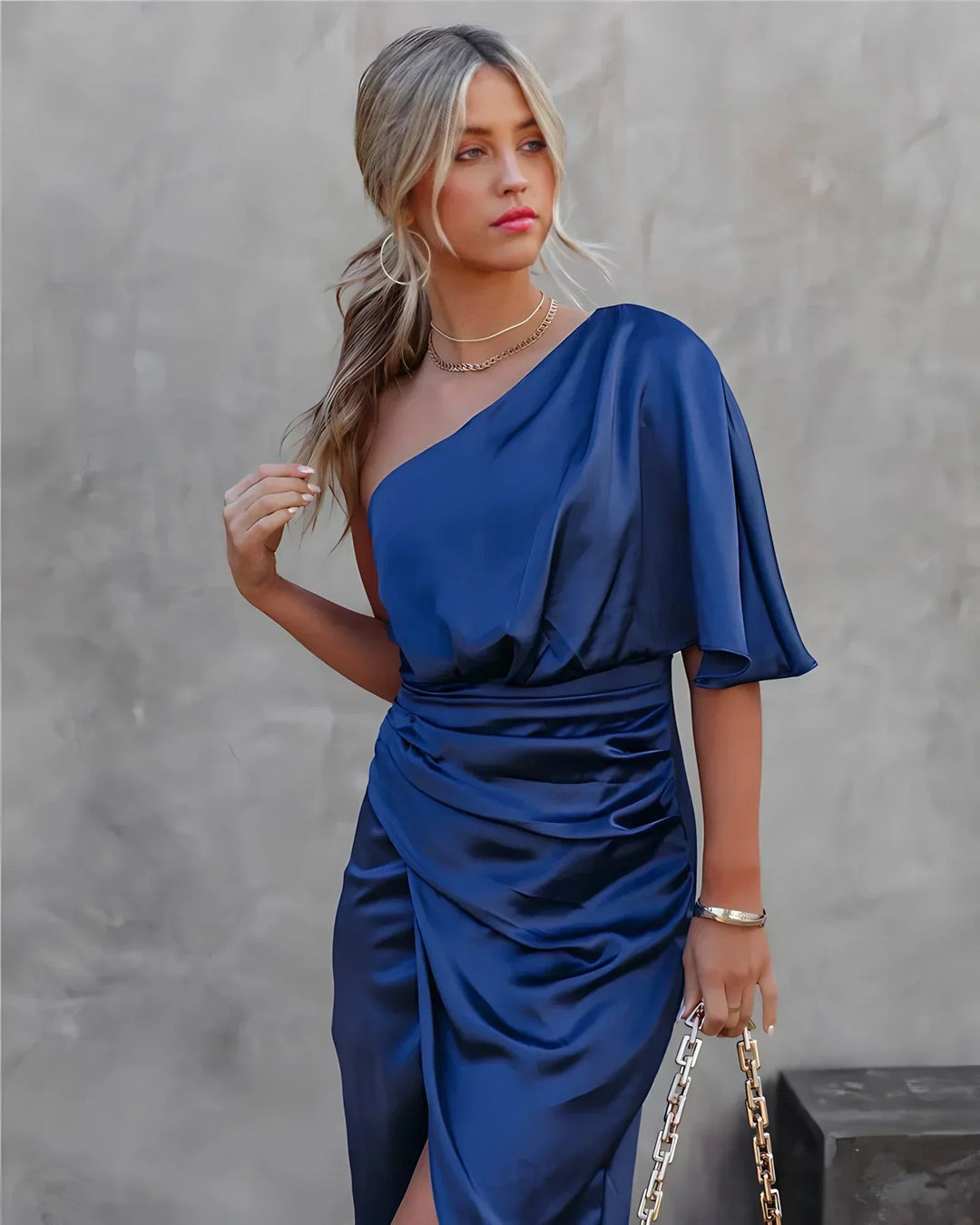 Sophia | Wedding Guest One Shoulder Satin Midi Dress
