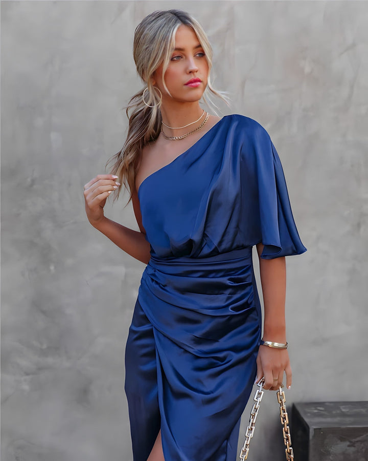 Selena | Wedding Guest Satin One Shoulder Midi Dress