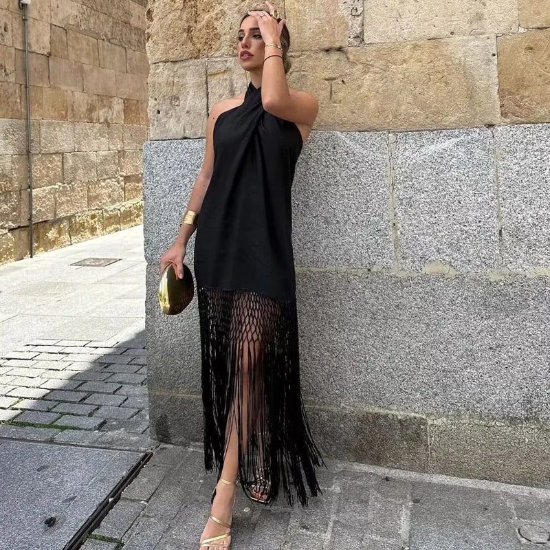 Rosie | Prom Halter Neck Fringe Hem Midi Dress