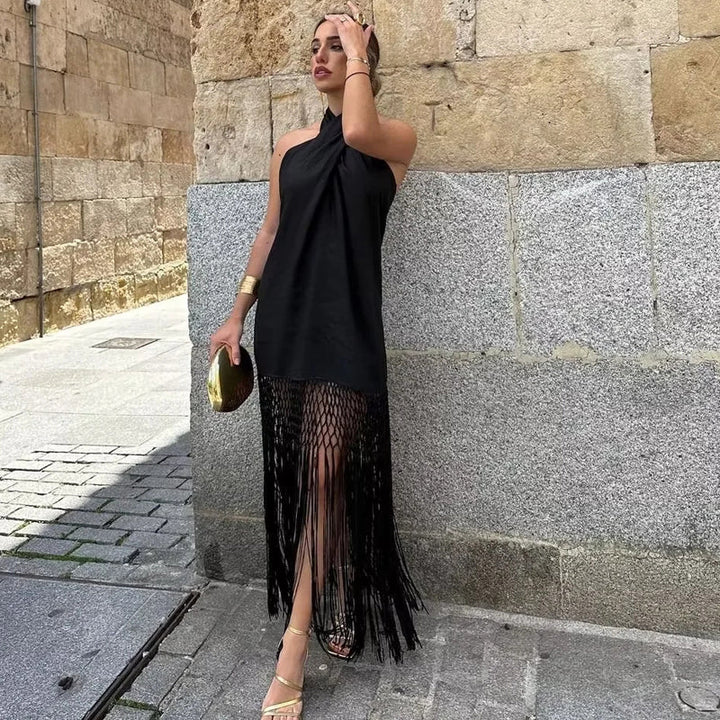 Rosie | Prom Halter Neck Fringe Hem Midi Dress