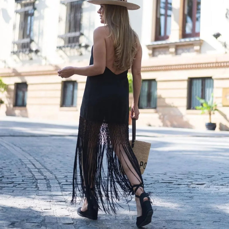 Rosie | Prom Halter Neck Fringe Hem Midi Dress