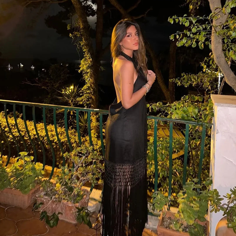 Rosie | Prom Halter Neck Fringe Hem Midi Dress