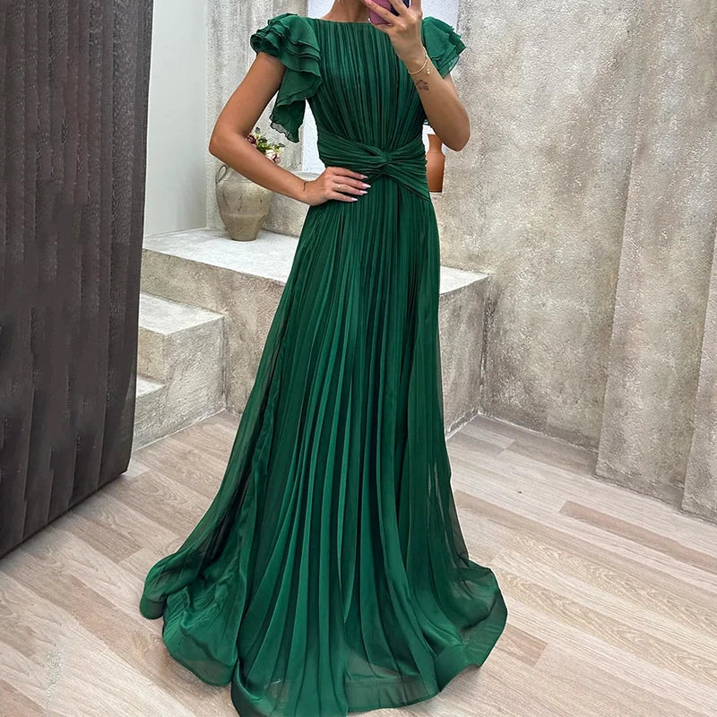 Isadora | Wedding Guest Pleated Flutter Sleeve Maxi Dress