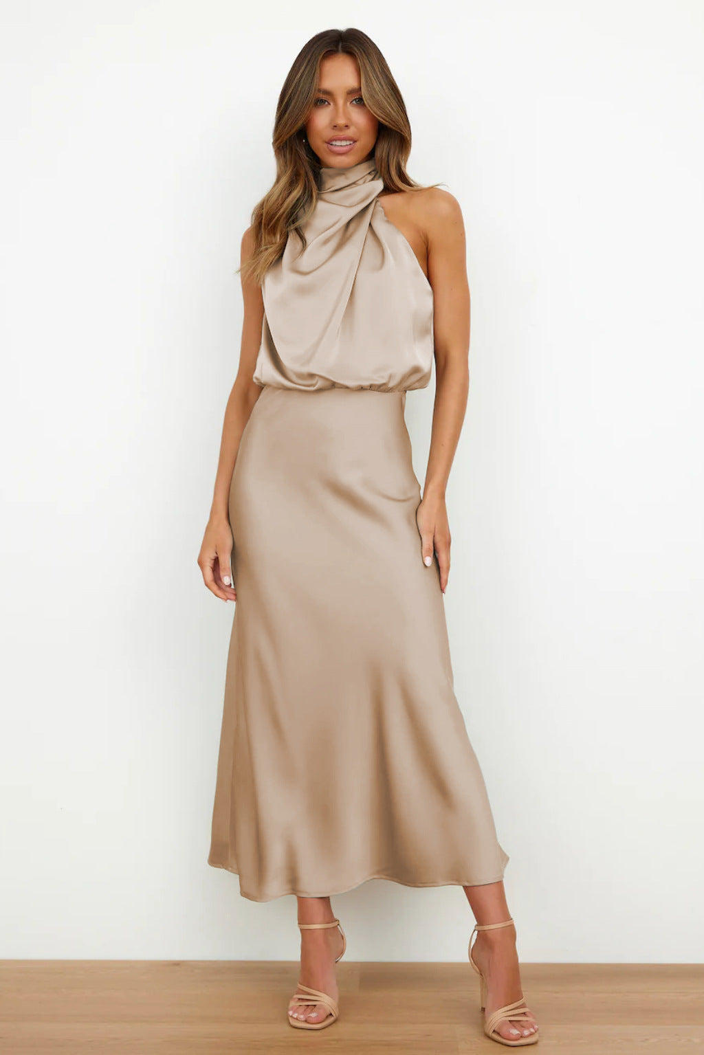Vienna | Wedding Guest Satin Halter Midi Dress