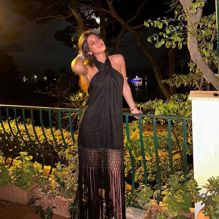 Rosie | Prom Halter Neck Fringe Hem Midi Dress