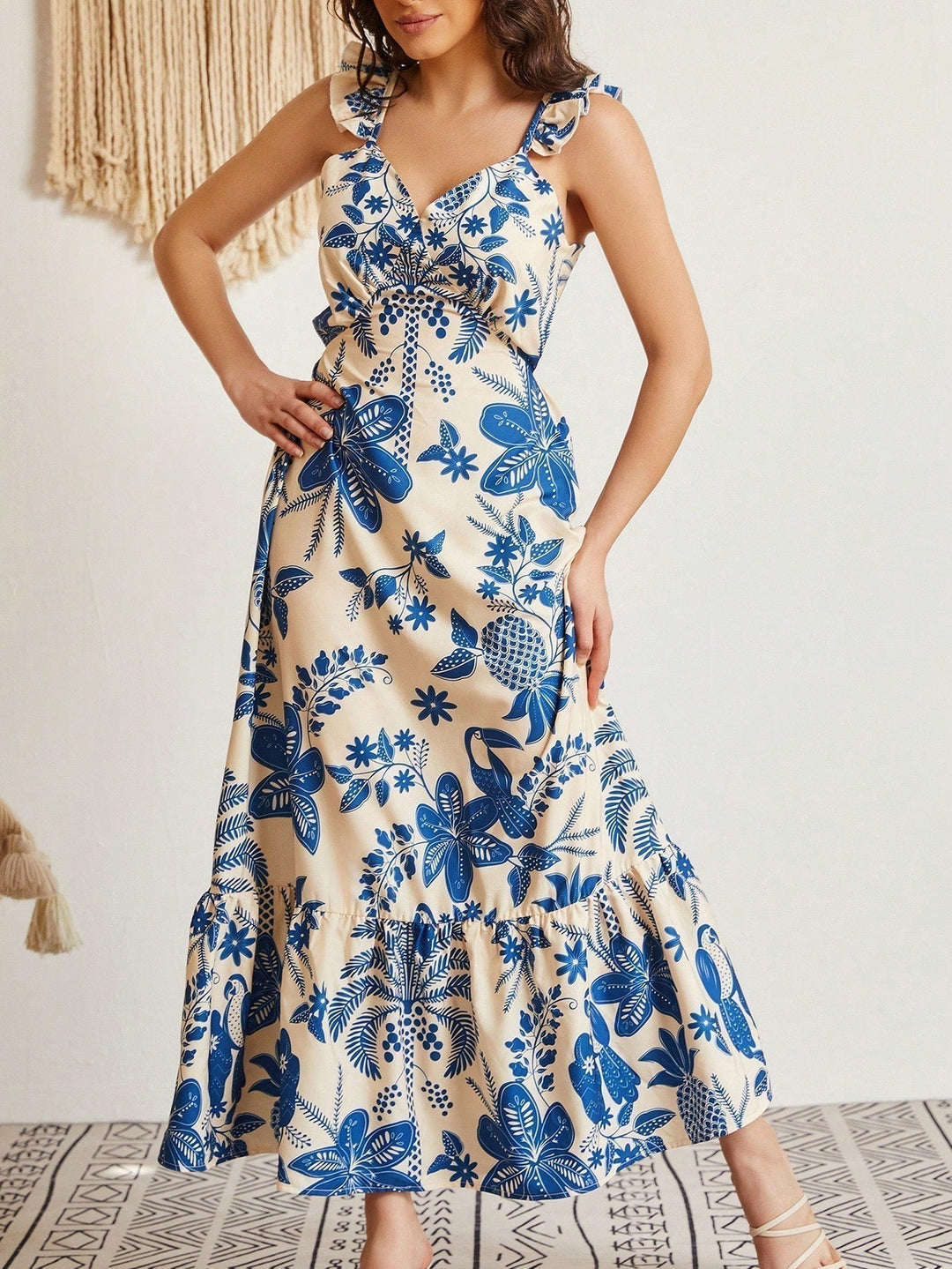 Freya | Summer Floral Ruffle Strap Maxi Dress