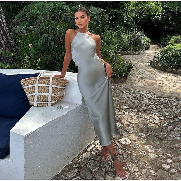Lucia | Wedding Guest Satin Halter Midi Dress